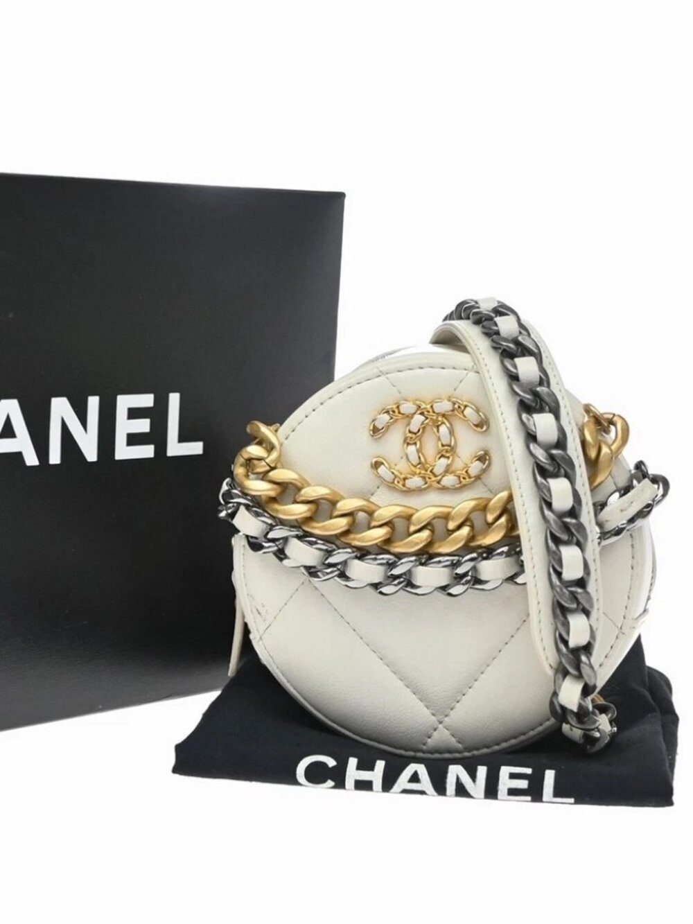 CHANEL CC Matelasse Round Mini Chain Shoulder Bag White Silver Gold